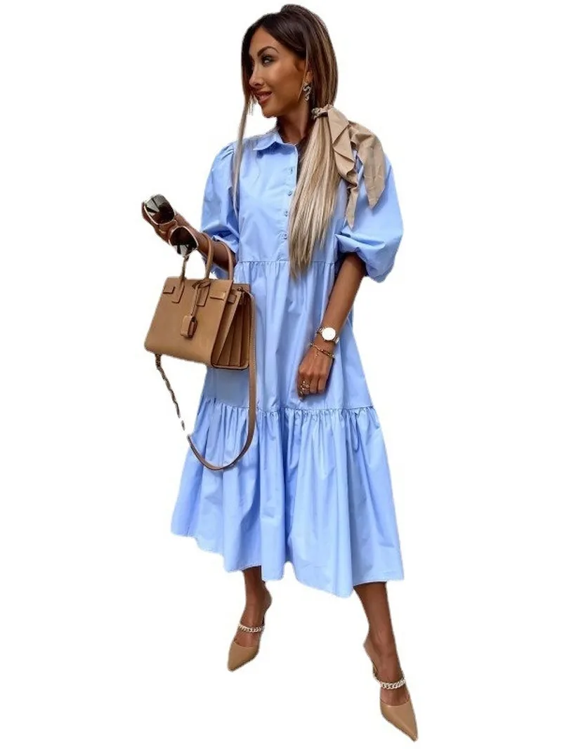 

Shirt Dress Women Summer A-Line Solid Color Long Dress Turn-down Collar Single-breasted Loose Dresses Lugentolo