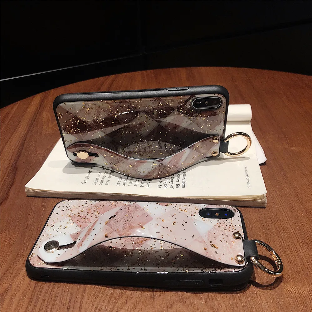 Fashion Bling Wrist Strap Cases For IPhone 7 Gold Foil Granite Marble Phone Case for iPhone X XS Max XR 6S 8 Plus Cover Fundas |