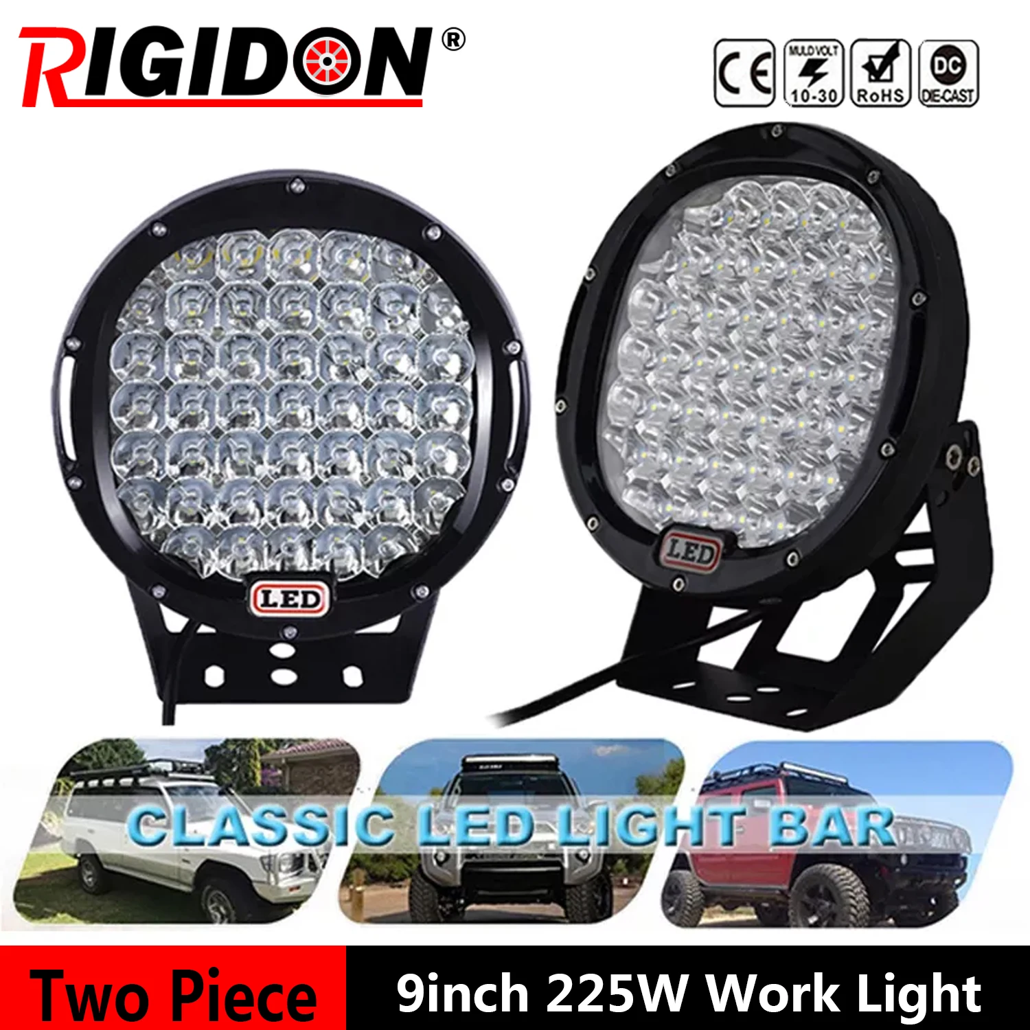 

RIGIDON 2Pcs 9Inch 225W Black/Red Spot Round Led Work Light Off Road Lights Fog Driving Lights Roof Bar Bumper for SUV Boat Jeep
