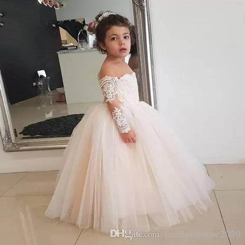 

2021 милые платья для девочек, держащих букет невесты Воротник Sheer Jewel кепки Тюль С Длинным Рукавом Кружевная аппликация для принцессы, бально...