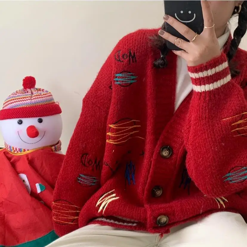 

e-baihui Autumn Knitted Cartoon Women Sweaters Cardigan Embroidery Outerwear Sweater Female Buttons Korean Streetwear Cardigans