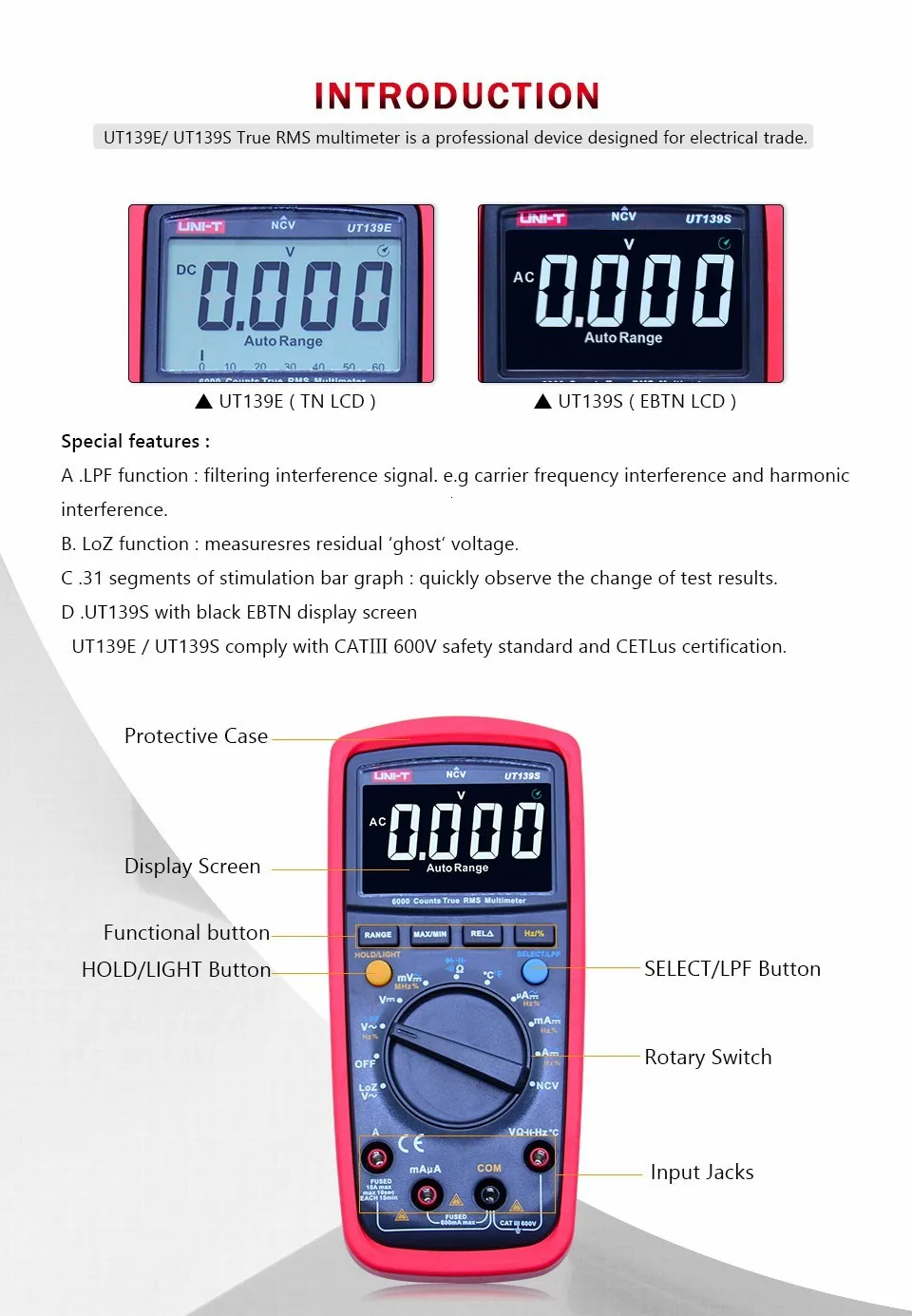 UNI-T UT139S Цифровой мультиметр True RMS AC DC Напряжение измеритель тока Сопротивление Емкость Частота Температура тестер LPF/NCV