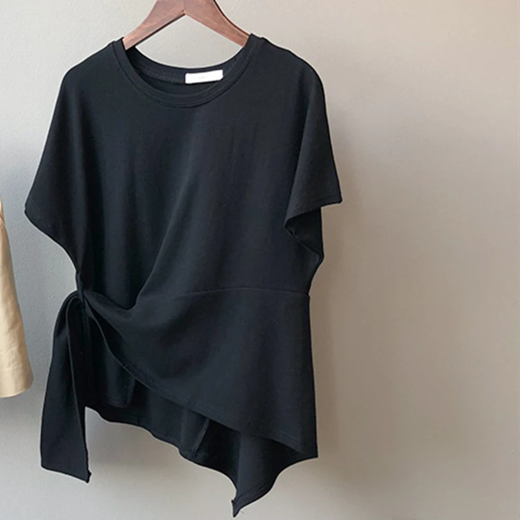 

New 2021 Women Summer T-Shirt Bottoming Basic Solid Fashionable Korean Style Lace Up Lady Oversize Short Tops T7959