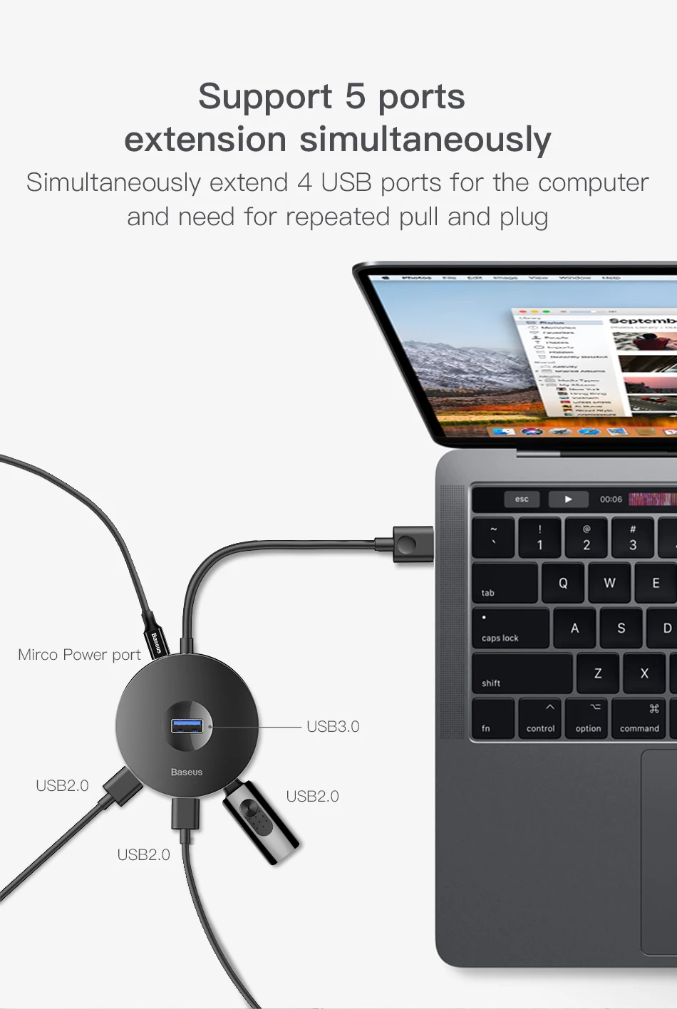 BASUES USB C док-станция USB 3,0 концентратор разделитель несколько USB хаб Тип C концентратор 2,0 мульти хаб расширитель 4 Порты и разъёмы хаб для портативных ПК