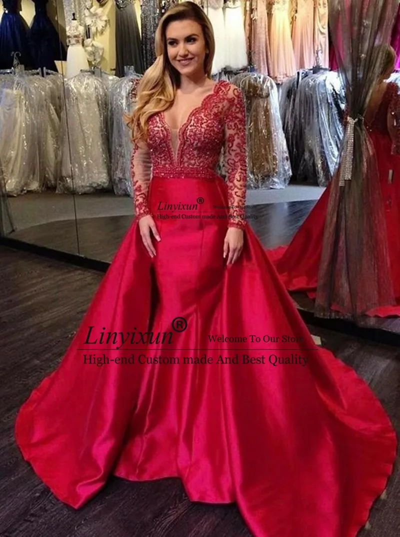 Женское вечернее платье со шлейфом длинное красное с жемчужинами и V образным