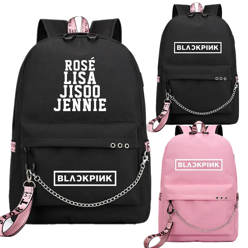 Kopo BlackPink Rose Lisa JENNIE USB Рюкзак Школьные сумки черный розовый Mochila дорожные сумки рюкзак на цепочке для ноутбука USB порт для наушников