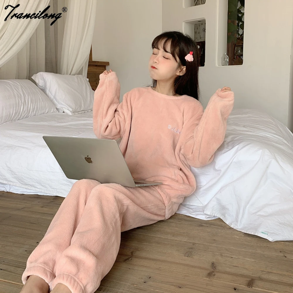 

Winter Warm Sleepwear Pajama Velvet Casual Women Soild Two Pieces Suits Loose Pink Home Lounge Wear Plush Set Outfit Femme 2020