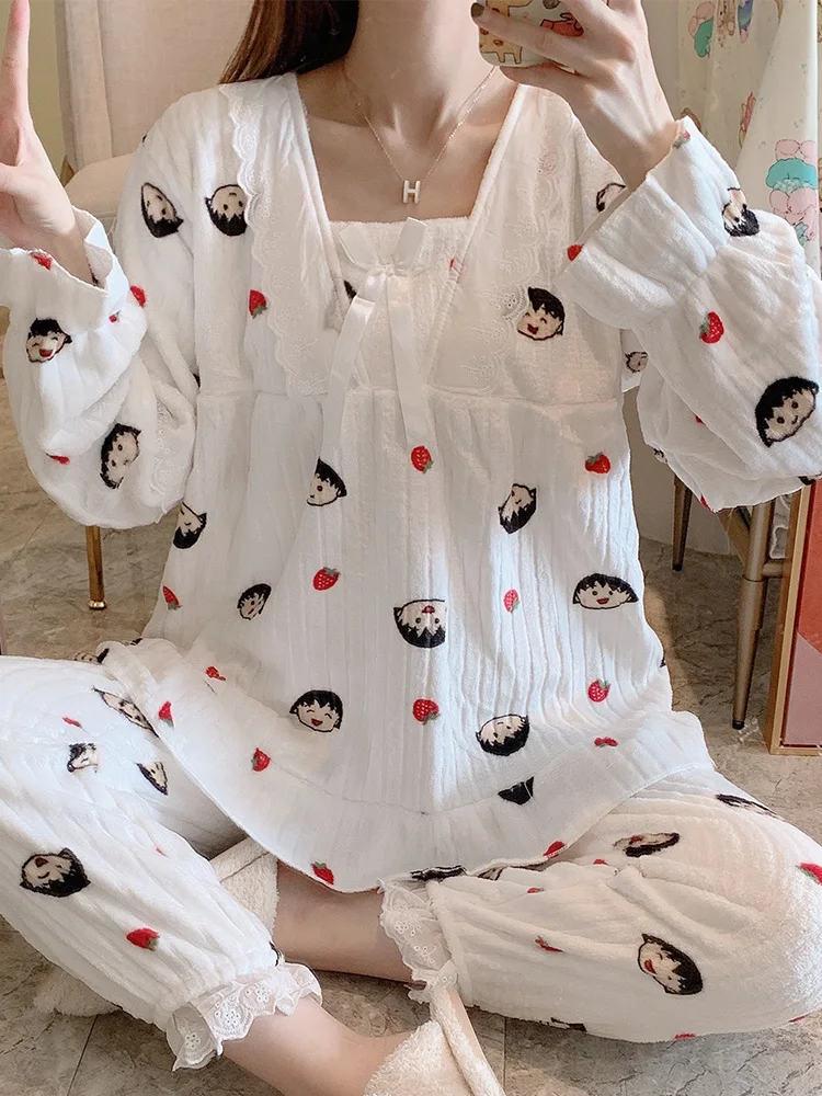 

Pyjamas Women Sleep Tops & Pajama Pants Bedroom Sets Two Piece Coral Fleece Thicken Cute Clothes Nighty For Ladies Loungewear