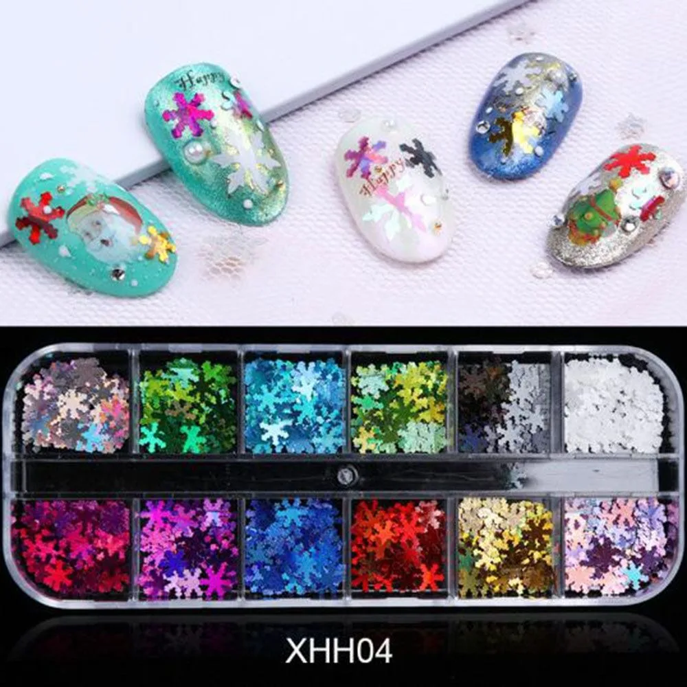 Горячая Распродажа 12 Grid Laser Christmas Снежинка для ногтей Stickers DIY Sparkle голографический