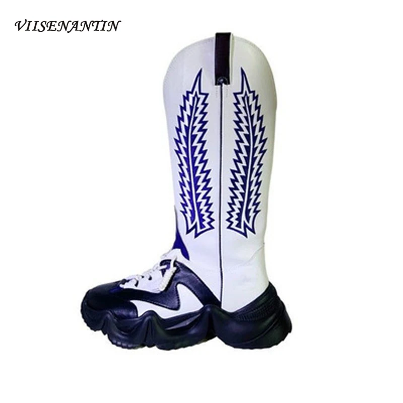 

New Sponge Cake Thick-soled Stitching V-mouth Embroidery Cross-lace Long Barrel Western Cowboy Boots Retro Knight Fashion Boots