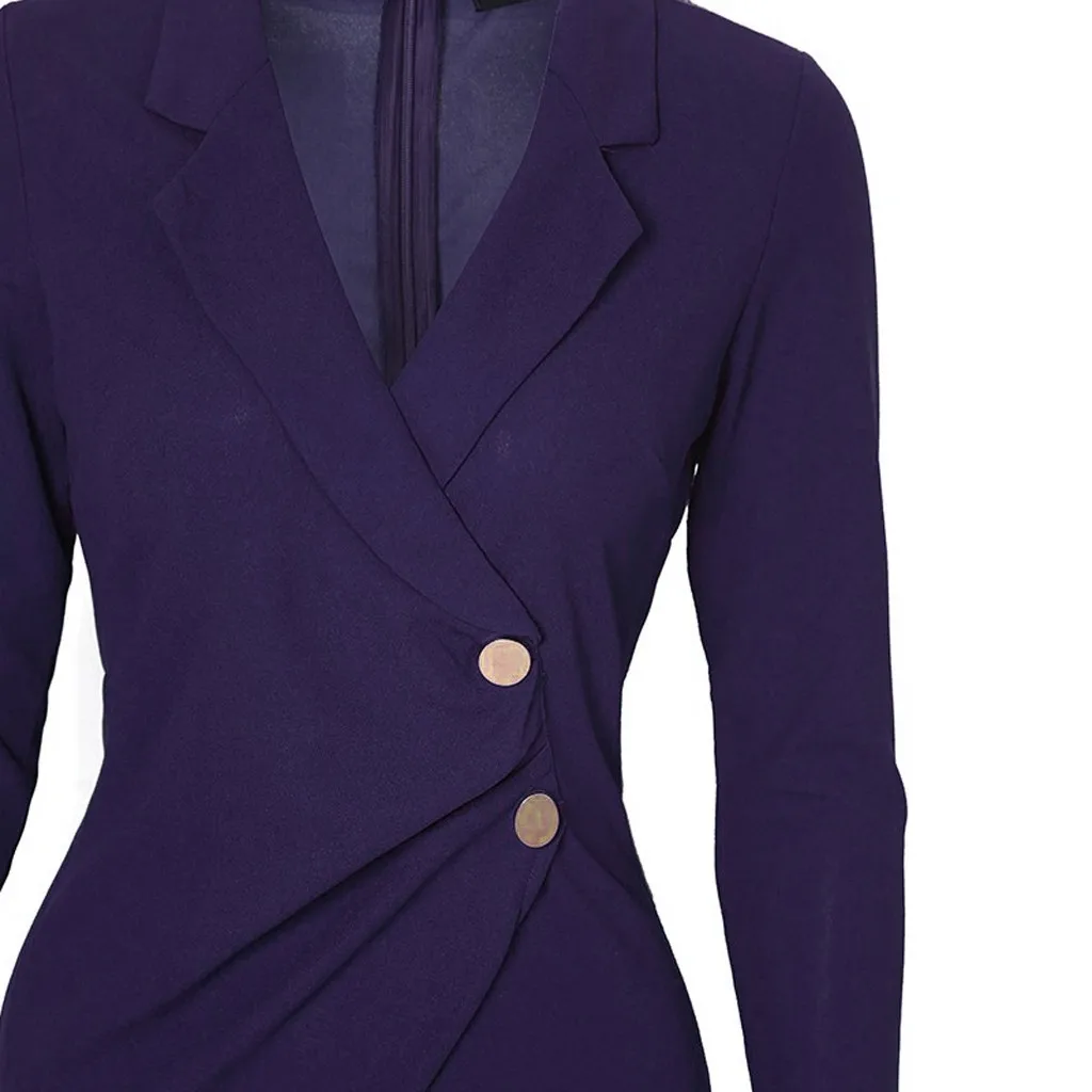 

Women Solid Turn Down Neck Long Sleeve Buttons Casaul Work Formal Dress Solid Color Office Lady Dress