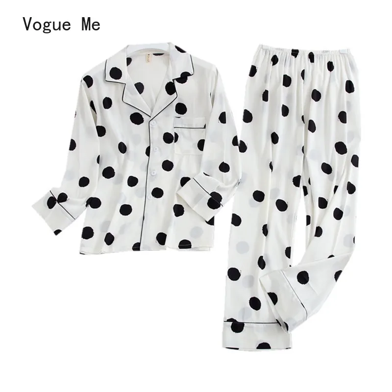 

Spring and Autumn New Long Sleeve Pajamas Women's Ice Silk Lapel Home Wear Casual Loose Button Pajamas Two Piece Set