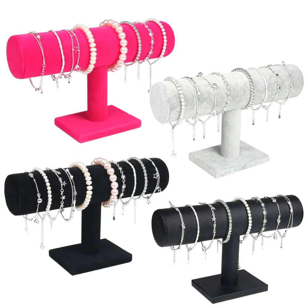 

Portable Velvet/PU Leather Bracelet Bangle Necklace Display Stand Holder Watch Jewelry Organizer T-Bar Rack DSS899