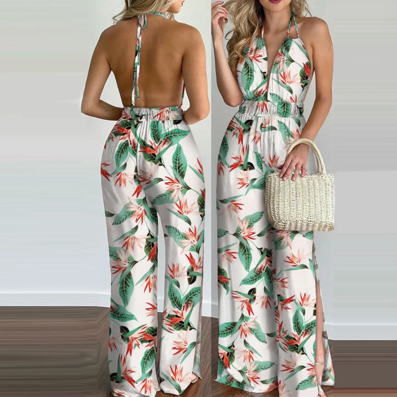 

2021 Women Summer Tropical Print Halter V Neck Jumpsuit Backless Sexy Casual Beachwear Vacation Sleeveless Jumpsuits