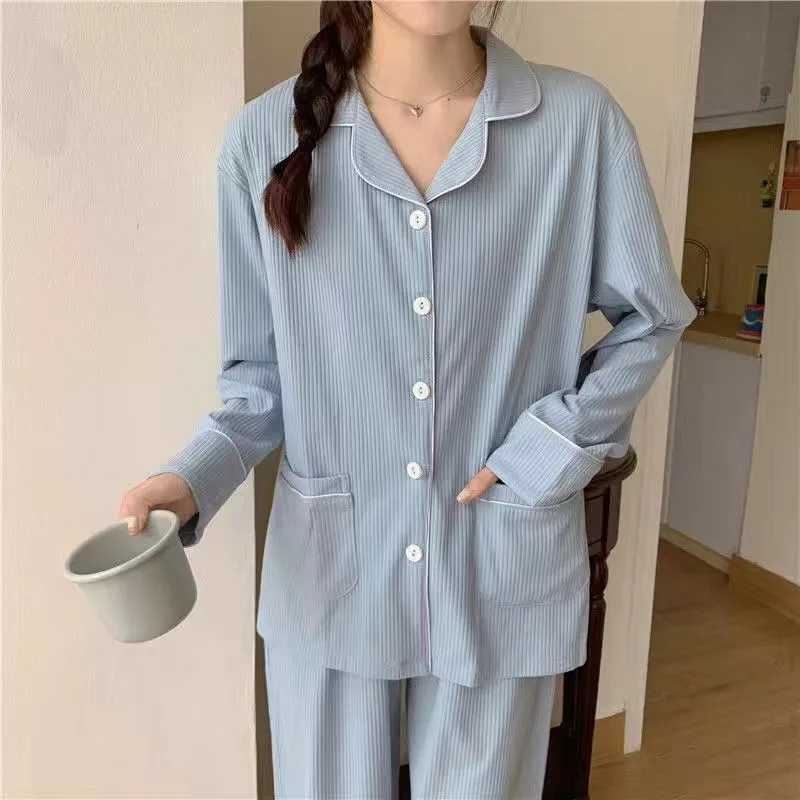 

Пижамные комплекты для женщин 2XL мягкий Ulzzang подходящий ко всему милый симпатичный для девочек простой тренд для женщин домашняя одежда син...