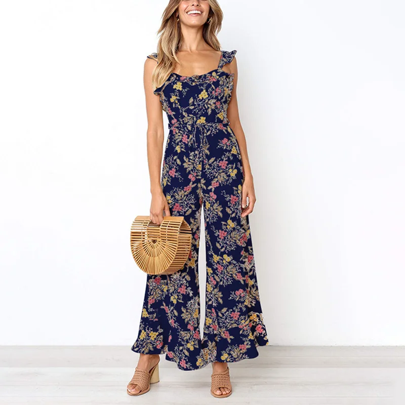

Pop Women Summer Floral Jumpsuits Strappy Backless Sleeveless Ruffled Loose Pants Pop 88