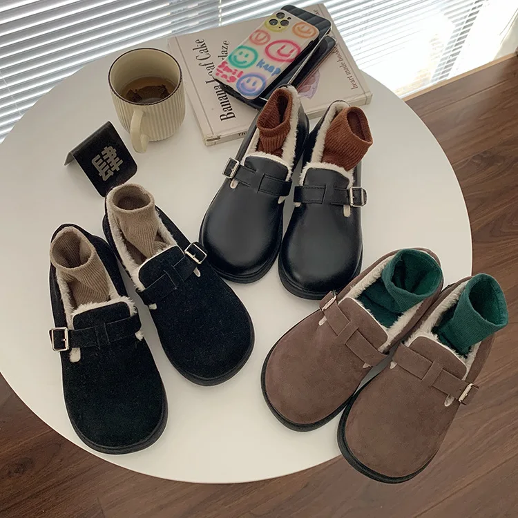 

Зимние Туфли на толстой подошве, с круглым носком, с ремешком и пряжкой