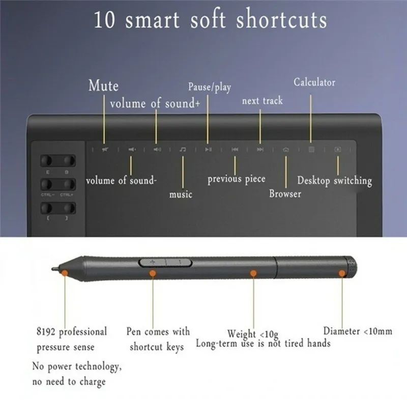 10x6&quot Professional Graphics Drawing Tablet 12 Express Keys 8192 Levels Battery-Free Stylus/30pcs Pen Refill Support PC/Laptop |