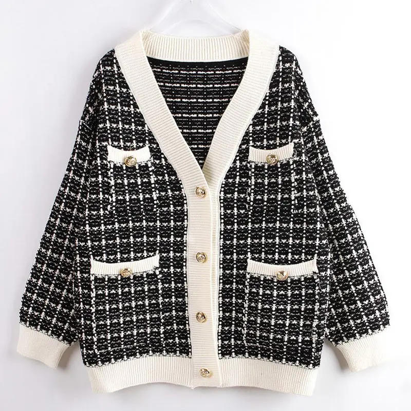 

Женский клетчатый кардиган с v-образным вырезом, Свободный вязаный однобортный женский свитер на пуговицах, новинка 2021, Осень-зима, на молни...