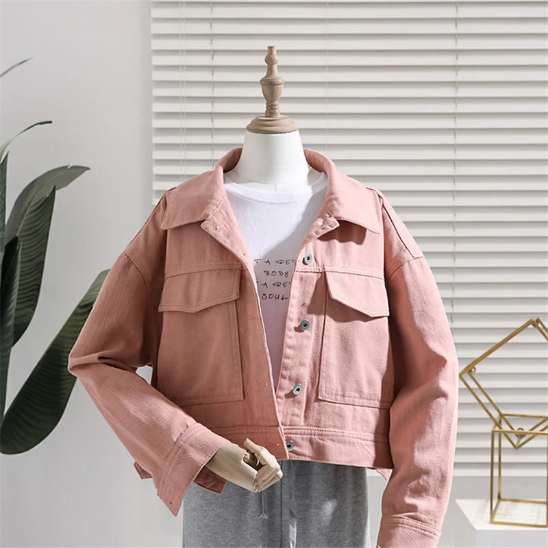 

Women Vintage Short Jeans Jacket Loose Big Pocket Long sleeve Korean Casual Light blue Cropped Denim Jacket 2021 Spring Autumn