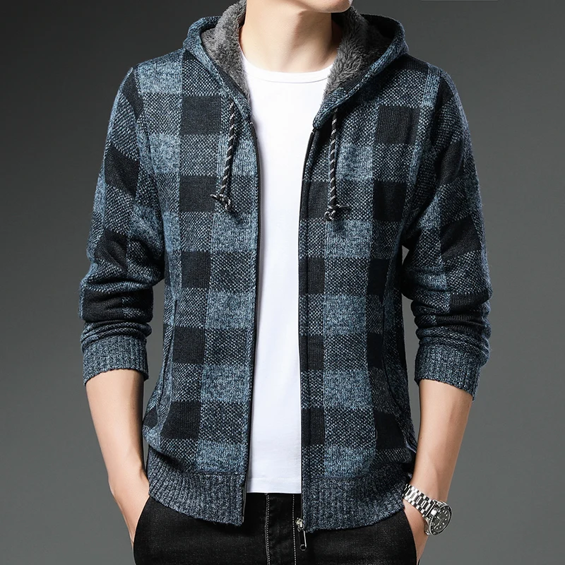 New Men's Cardigan Plaid Fleece Coat Autumn Winter Korean Hooded Sweater Loose Knitted Warm Y2K Male Hooded Zip Up Jacket