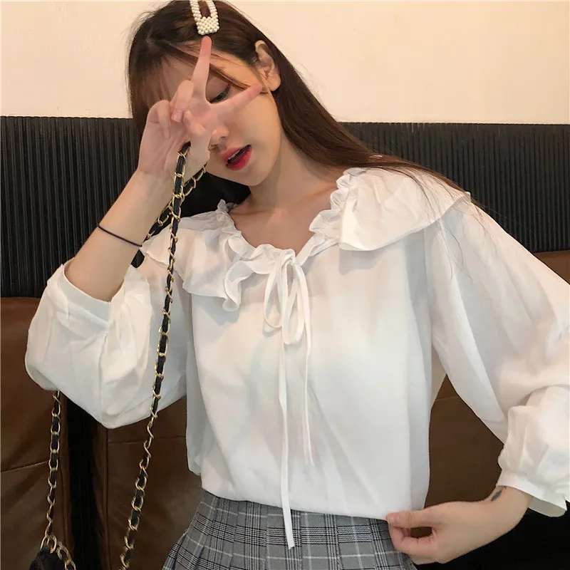 Женская одежда с бантом однотонная гофрированная рукавами-фонариками милый