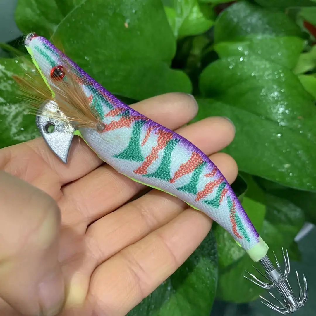 

10PCS 22.5g Luminous Squid Jig Fishing Wood Shrimp Lure Squid Cuttlefish Jigs Lures Spinnerbait Wood Shrimp with 3.5# Hook