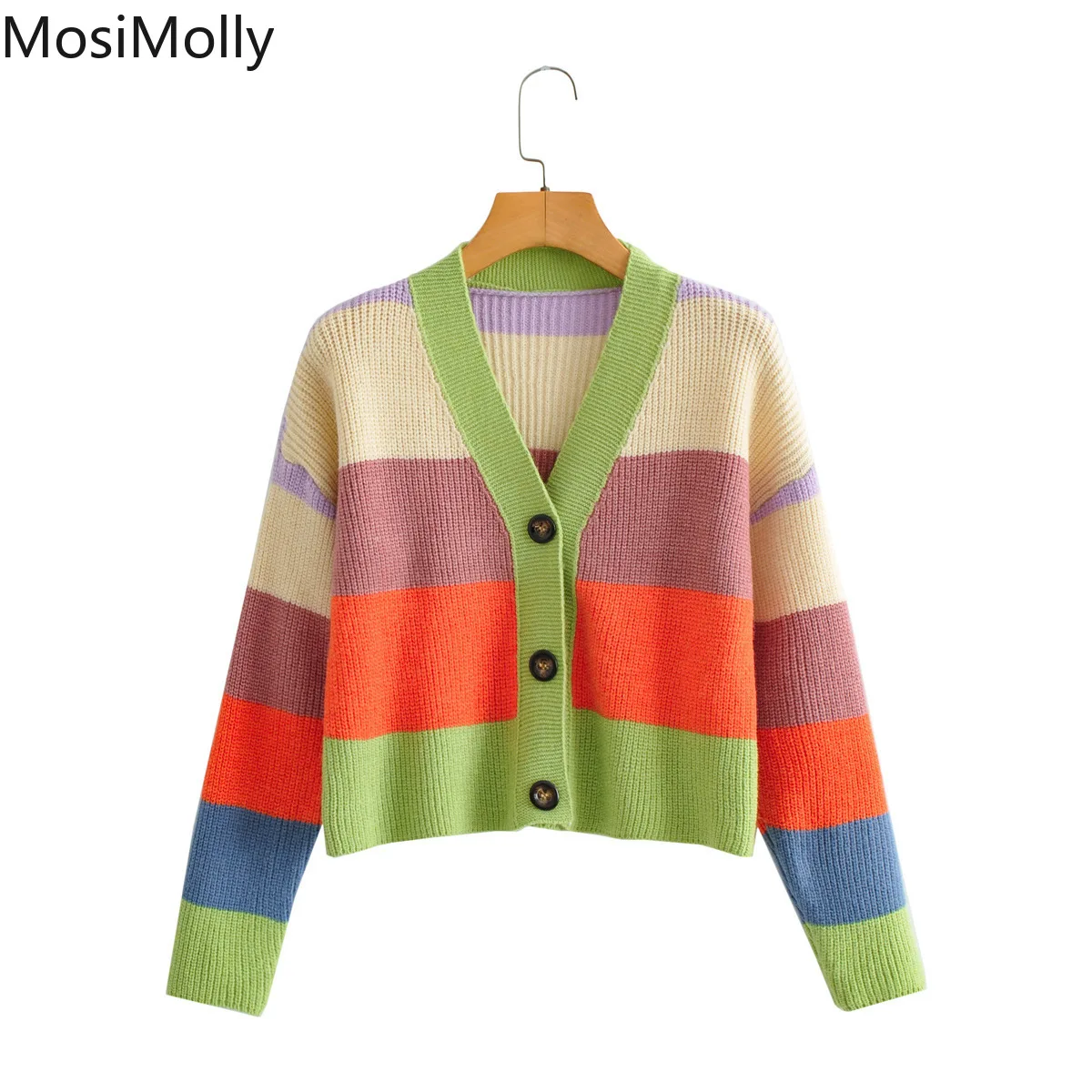 

MosiMolly Color Block Sweater Cardigan Jumper Long Sleeve V neck Crooped Knits Coats Female Sweater