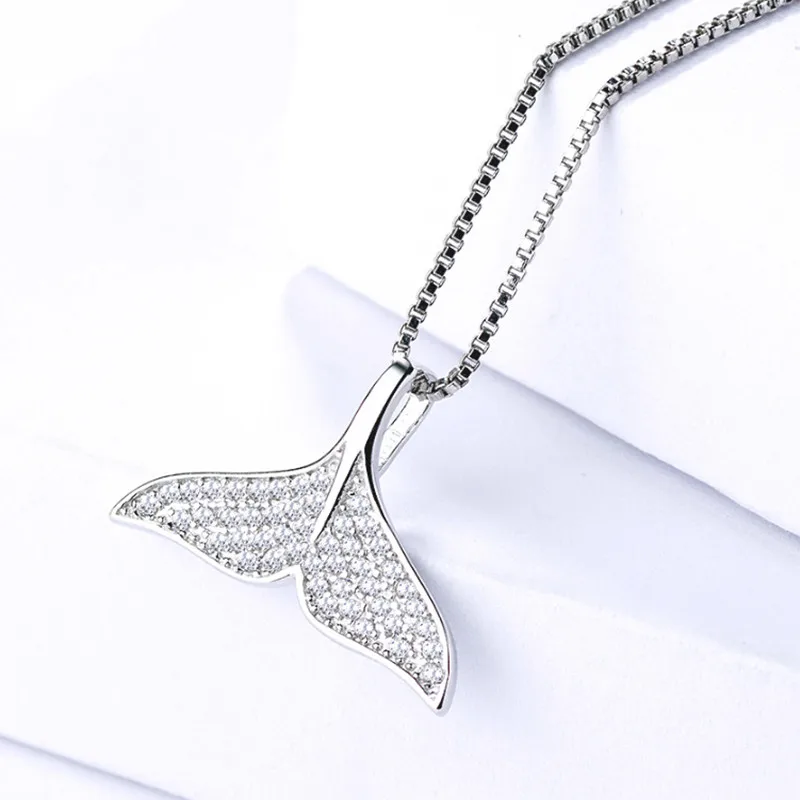 

925 Sterling Silver Cute Pendant Chain Exquisite Dolphin Fishtail White Zircon Necklace for Women Fashion Jewelry Chain 45cm