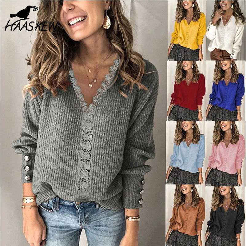

HAASKEW Women Autumn Long Sleeve Loose Knitted Sweater Winter Sweater Jumper Casual Button Patchwork Plaid Lace Tops Pullover