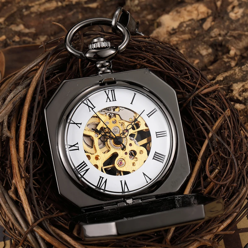 Mechanical Pocket Watch Antique Skeleton Dial Fob Chain Full Black Dragon Kirin Hanging Clock with Gift Box for Men Dropshipping