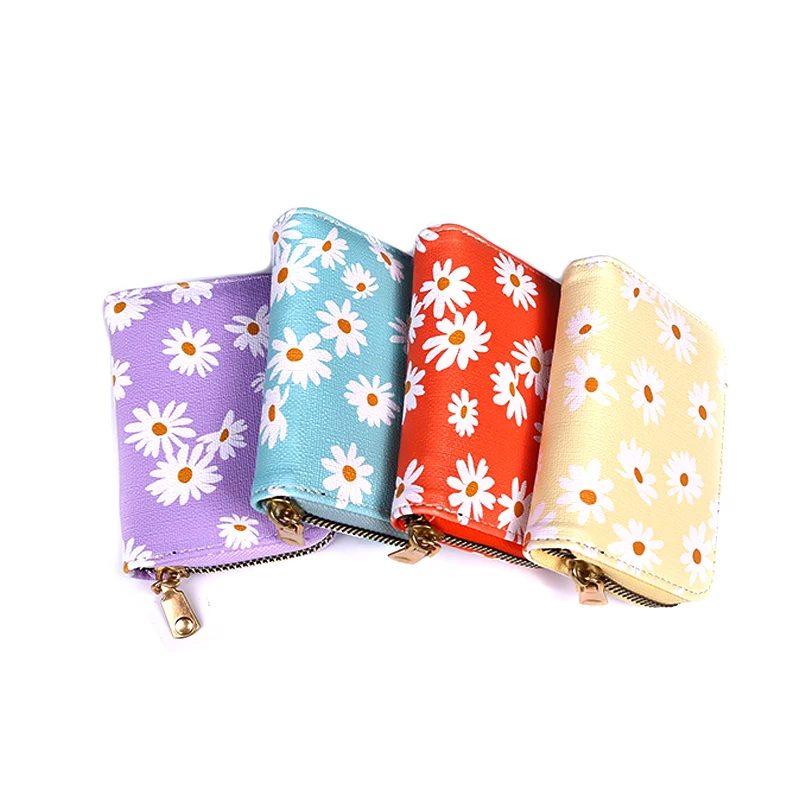 

Women Cute Small Daisy Card Holder Case Credit 11 Bits Zipper Wallet Girl ID Bank Card Holder Case Purple/yellow/Blue/Black/Red