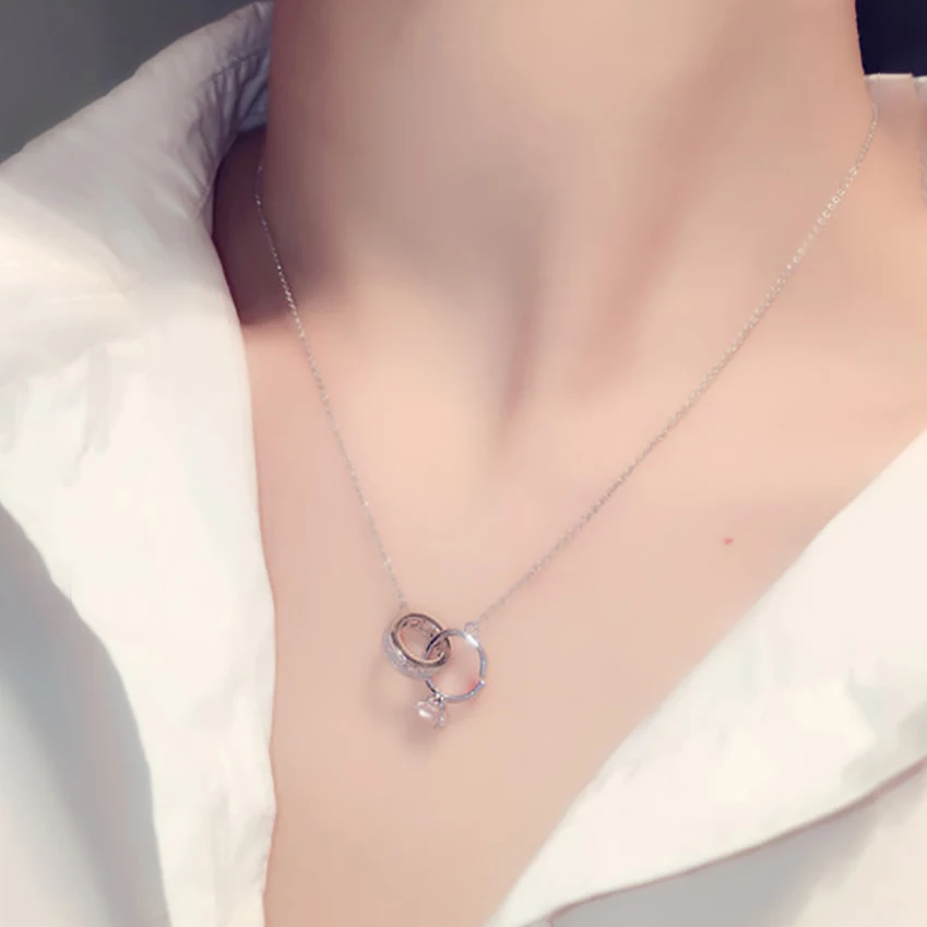

Japan and Korea Rhinestone Heart Necklace Super Shine Zircon Pendant Double Ring Necklace For Women Vogue Kolye Wedding Gift