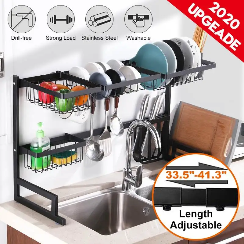 

65CM/85CM Stainless Steel Kitchen Sink Dish Rack Dish Bowl Drain Drying Shelf Storage Organizer Holder Length Adjustable