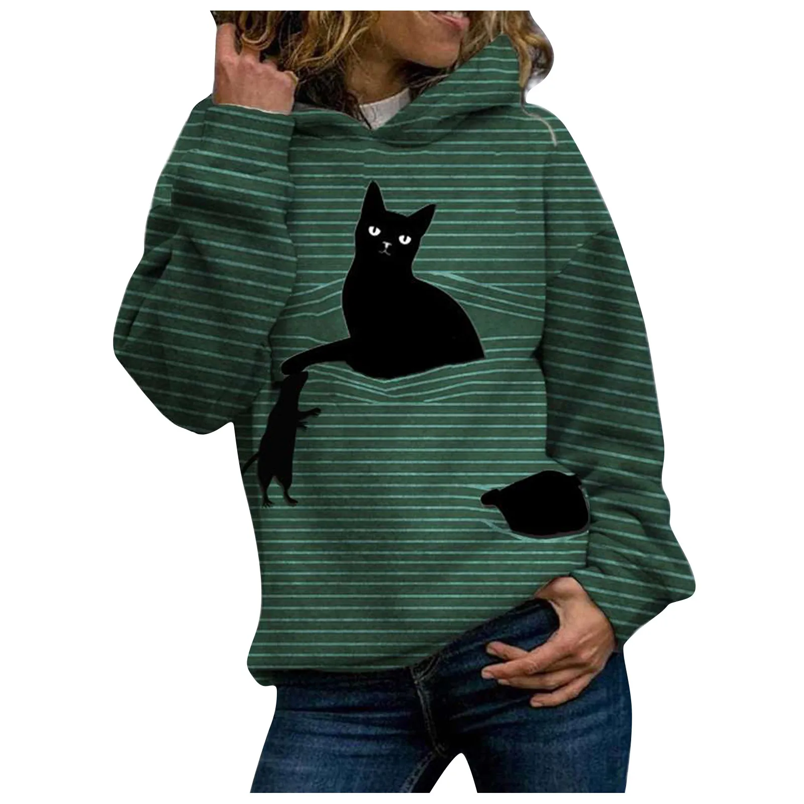 Women Hood Stripe 3d Cat Printing Hoodie Long Sleeves Pullover Sweatshirt Tops Streetwear Women Oversized Hoodies Sudaderas