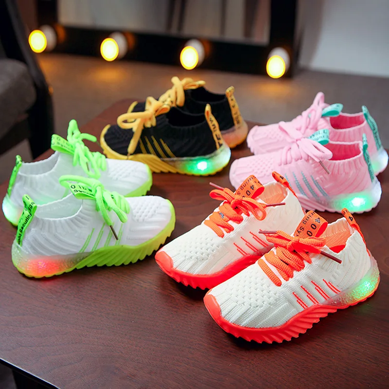 

Fashion LED Luminous Children's Sports Shoes, Cute Fluorescent Color Design Kids Casual Knitted Sneaker
