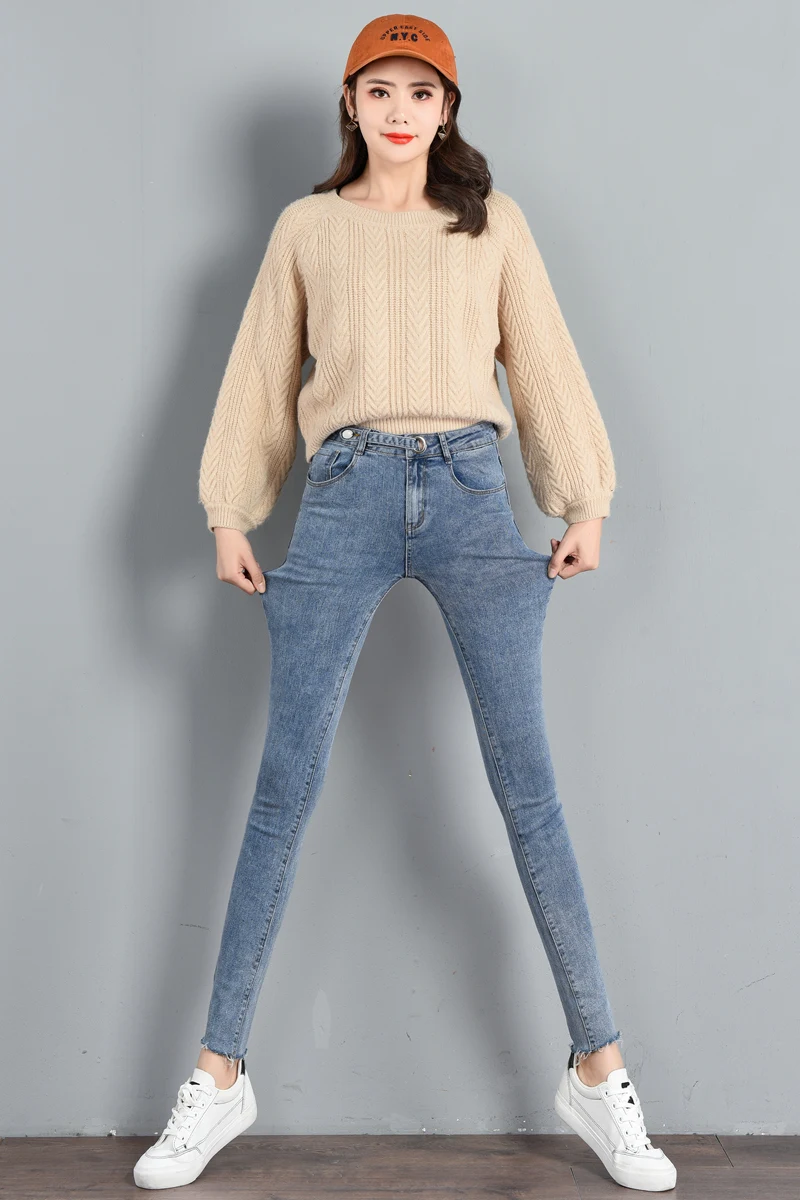 

Spring Autumn High Waist Stretch Denim Pencil Pants Raw Hem Slim Skinny Long Jeans For Women