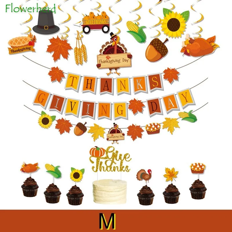 

Thanksgiving Day Door Hanging Happy Thanksgiving Banner Turkey Cake Inserts Spirals Maple Leaf Garland Baby Shower Decorations