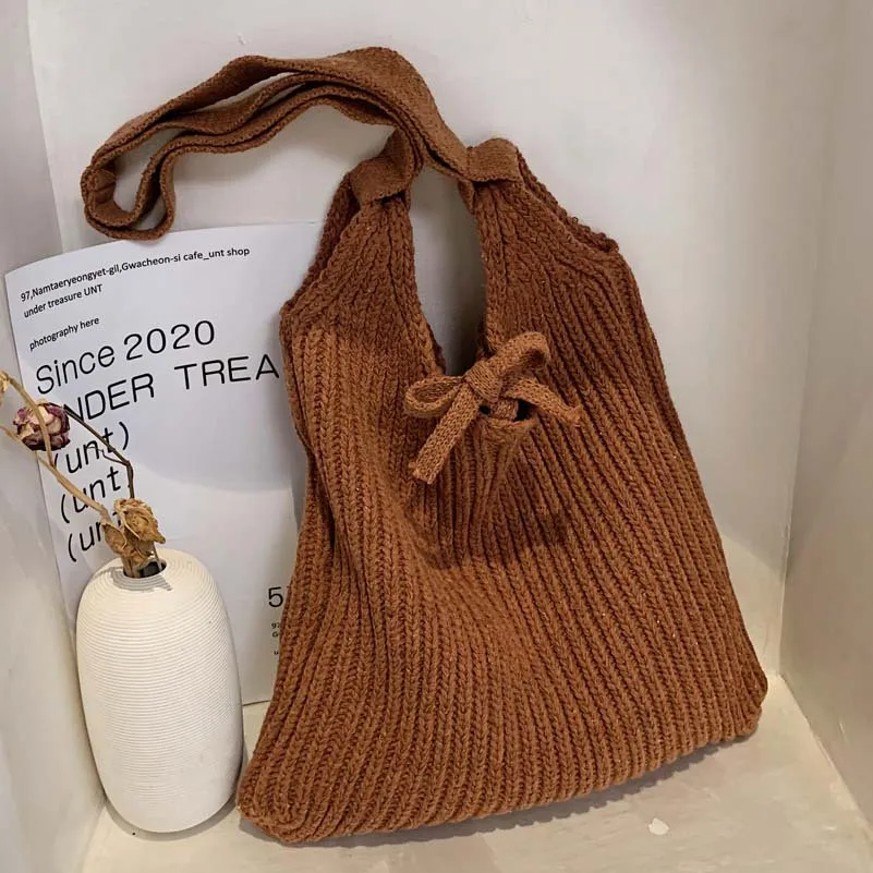 

Woolen Knitted Braid Women Handbag Crochet Korean Fashion Chic Knitting Shoulder Bags Tote Bags For Women 2021 Summer Beach Bag