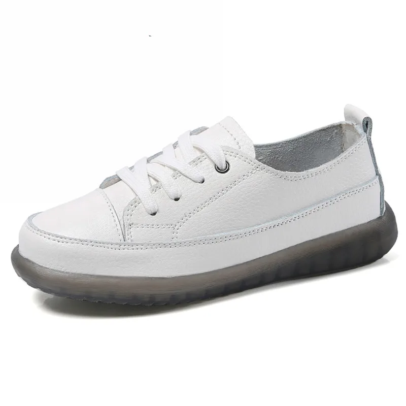 

2021 Sport Shoes Women Natural Genuine Leather Flat Casual Shoes Female Ballet Flats Lace Up White Court Sneakers Ladies Flats