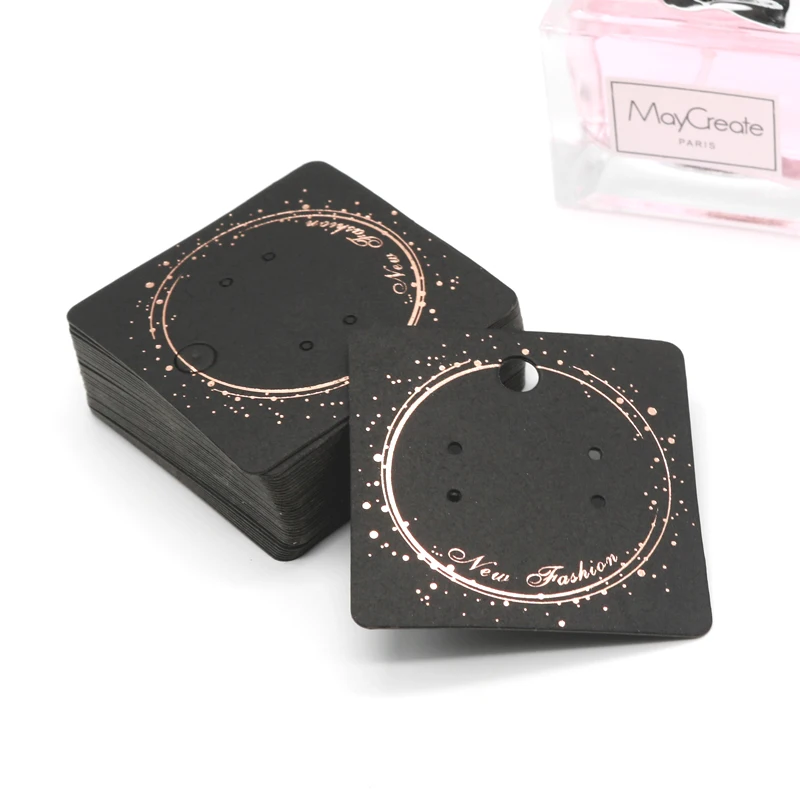 

New Fashion 5*5cm 200pcs/lot Dangle Earrings Black Paper Cards Jewelry Packaging Rose Gold Logo Card Hanger Tags High Quality