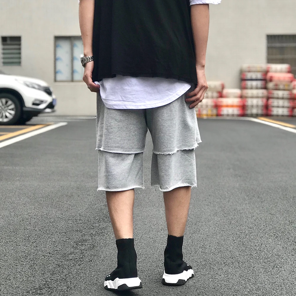 

Harem Pants Men Shorts Streetwear Fashion Fake Two Pieces Sweat Shorts Black Gray Loose Casual Knee Length Short Terry Trousers