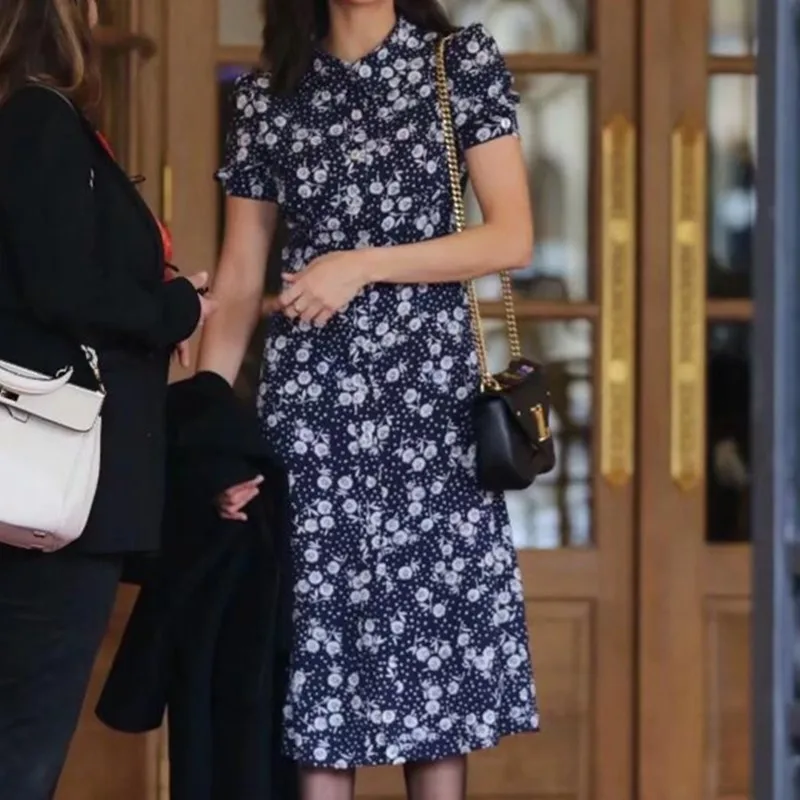 Франция центр пуговицы разрез с цветочным принтом миди платье элегантный Винтаж