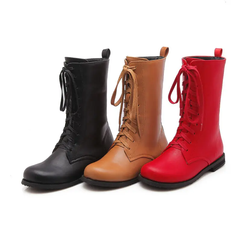 

New Womens Mid Calf Motorcycle Lace Up Punk Boots Round Toe Biker Military Shoes