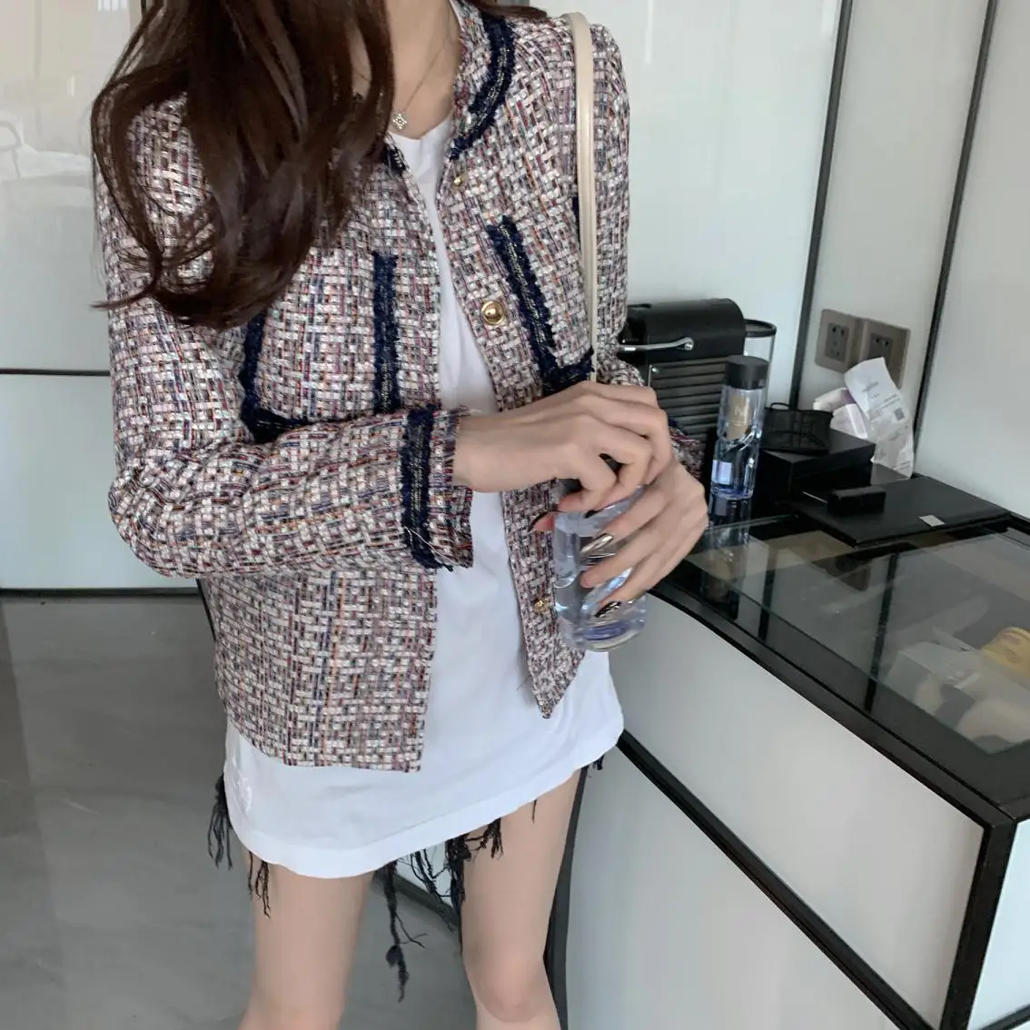 

New Elegant Fashion Women Spring Autumn Tweed Jacket Short Casual Fashion Long Sleeve Top Coat