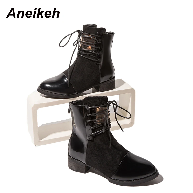 

Aneikeh 2021 PU&Flock Rome Cross-Tied Winter Boots High Women's Square Heel Shoes Zipper Round Toe Sewing Non-Slip NEW Size36-40