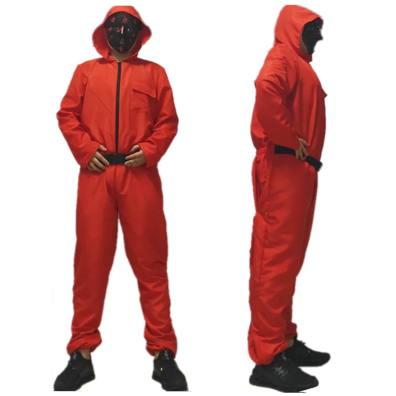 

Korea teleplay Squid game villain Red jumpsuit cosplay costume Halloween party Round Six mask