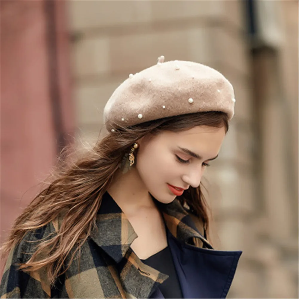 

Winter Berets Wool Women Luxury Pearl Rivet Vintage Cashmere Female Warm Vogue Beret Hats Girls Flat Cap Beret for Women