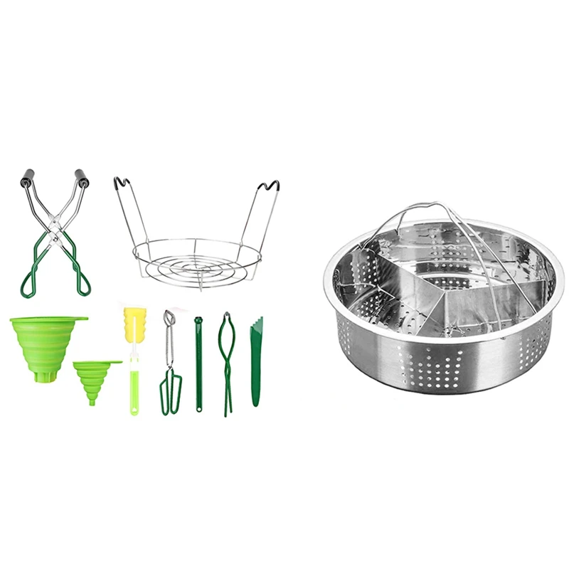 

1SET Trio Separator Set Stainless Steel Steamer Basket Rack & 9PCS Canning Set,Canning Supplies Canning Jar Lifter Tongs