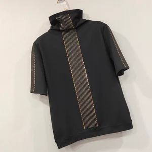 Женская хлопковая футболка, Свободный пуловер с высоким воротом, размера плюс